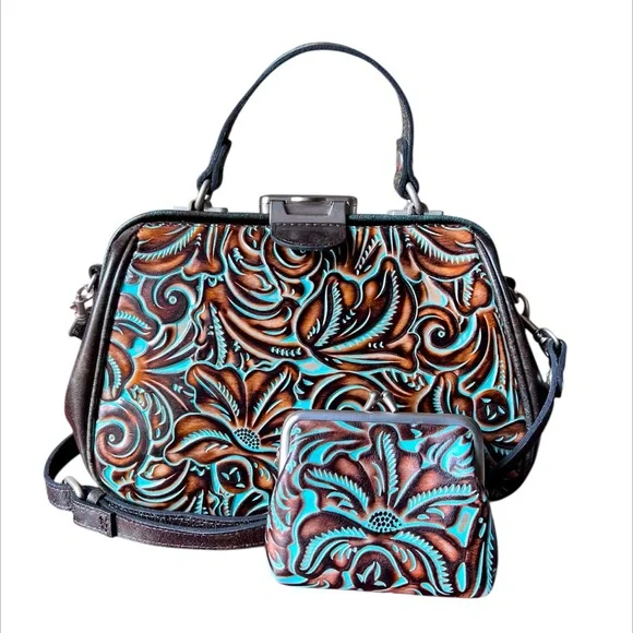 Patricia Nash Turquoise Framed Gracchi Tooled Burnt Leather Crossbody Set - Picture 1 of 16